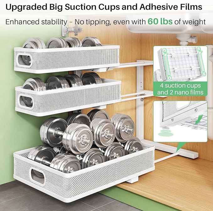 Kitstorack Under Sink Organizer, 2-Pack 3-Tier Height Adjustable Thickened Metal Pull out Cabinet Organizer Shelf, Slide out 