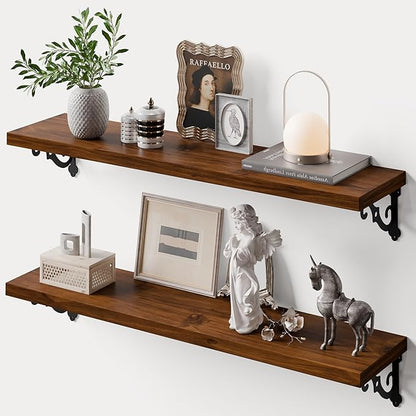 Solid Wood Floating Shelves for Wall with Metal Brackets,2 Tier 36 inch Pinewood Wall Shelf,Suitable for Multiple Places Such