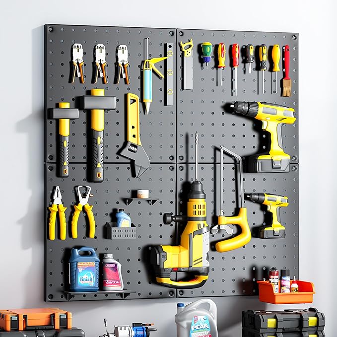 Peg Board, 68PCS Heavy Duty Metal Pegboard with Hooks, 4 Pack Black Peg Board Panels, 50lbs Load Capacity Each, Pegboard Wall