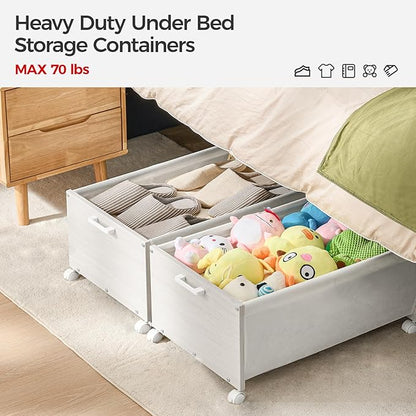 Under Bed Storage with Wheels, Wooden Under Bed Drawers On Wheels, Rolling Under Bed Shoe Storage, Space Saving,White,Quadrup