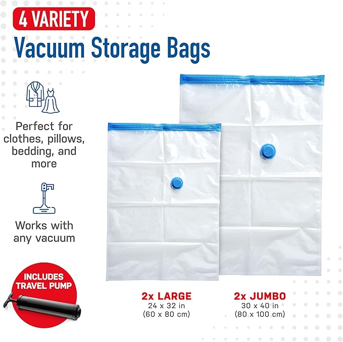 4 Pack Variety Vacuum Storage Bags for Comforters, Blankets & Clothes – Vacuum Sealed Compression Bags with Hand Pump – Space