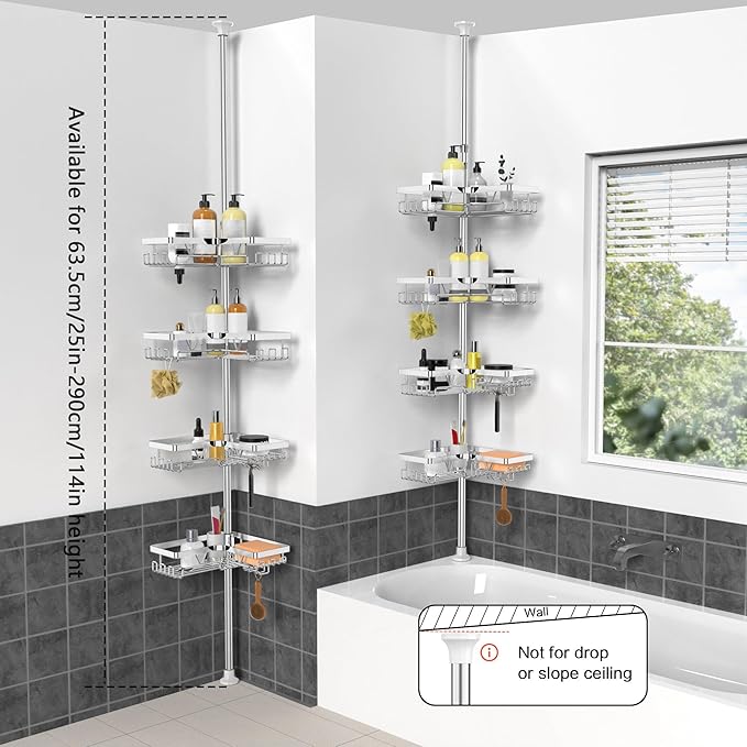 KEGII Corner Shower Caddy Tension Pole - Chrome 4-Tier Adjustable Shower Tension Rod Organizer with Hooks & Soap Holders, 25-