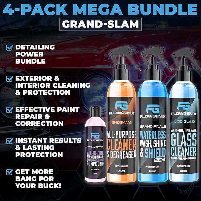 Grand Slam 4-Pack Includes Waterless Car Wash Spray + Instant Car Scratch Remover Repair + Streak Free Window and Glass Clean