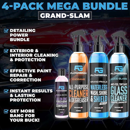 Grand Slam 4-Pack Includes Waterless Car Wash Spray + Instant Car Scratch Remover Repair + Streak Free Window and Glass Clean