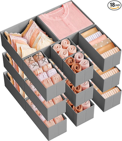 SONGMICS Drawer Organizers, Dresser Divider Organizers, Set of 18, Foldable Fabric Storage Boxes for Socks, Underwear, Bras, 
