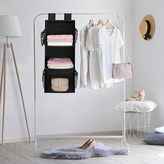 MAX Houser 3-Shelf Hanging Closet Organizers, Collapsible Closet Hanging Shelves for Camper, Nursery Hanging Organizers, Blac