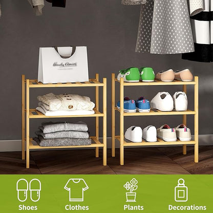 BMOSU 3-Tier Bamboo Small Shoe Rack Premium Stackable Shoe Shelf Storage Organizer for Hallway Closet Living Room Entryway Or