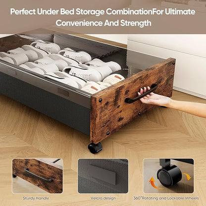 KITHELP Under Bed Storage with Wheels, Wooden Under Bed Drawers 2 Packs, Rolling Underbed Storage Containers Organizer with H