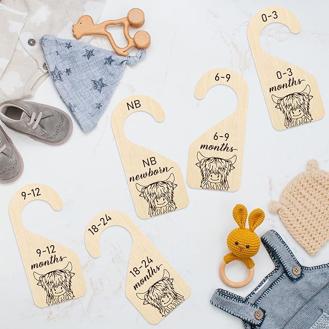 R HORSE 8Pcs Highland Cow Baby Closet Dividers, Double Sided Baby Closet Organizers Nursery Hanger Dividers Wood Size Divider