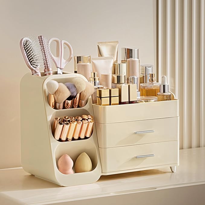 HBlife Makeup Organizer with Brush Holder for Vanity, Large Plastic Bathroom Countertop Organizer Skin Care Storage, Easy to 