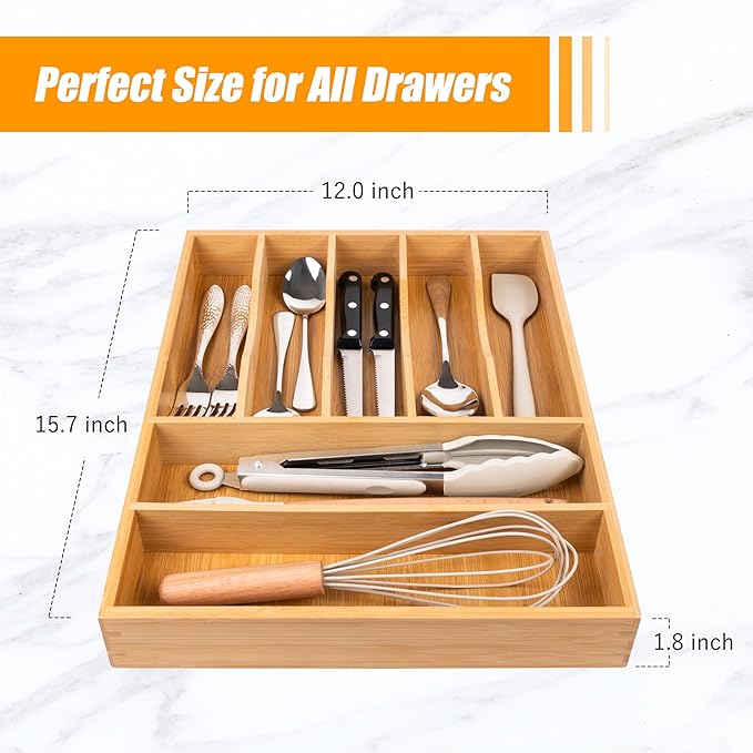 Bellsal Bamboo Silverware Drawer Organizer, Kitchen Utensil Drawer Organizers, 12"x15.7" Utensils Holder Cutlery Tray with Gr
