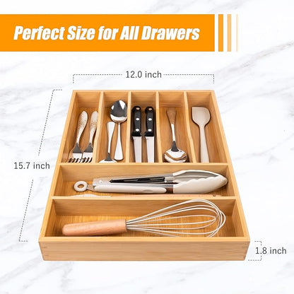 Bellsal Bamboo Silverware Drawer Organizer, Kitchen Utensil Drawer Organizers, 12"x15.7" Utensils Holder Cutlery Tray with Gr