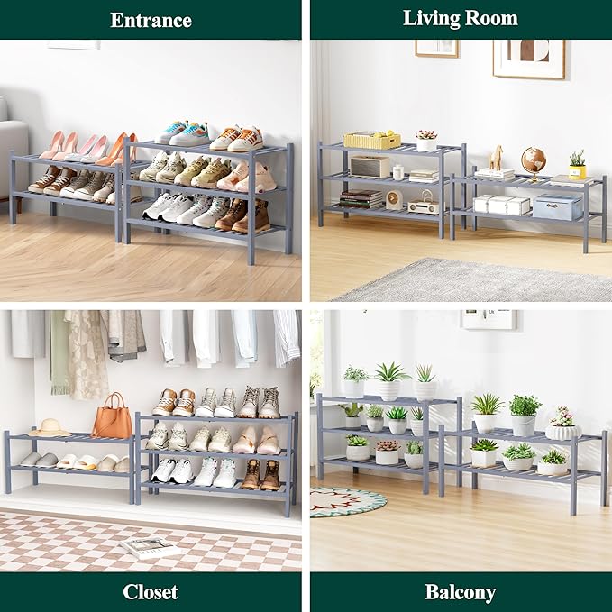 Smiry Bamboo Shoe Rack for Closet, 2 Tier Long Wooden Stackable Shoe Organizer, Free Standing Shoes Storage Shelf for Entrywa