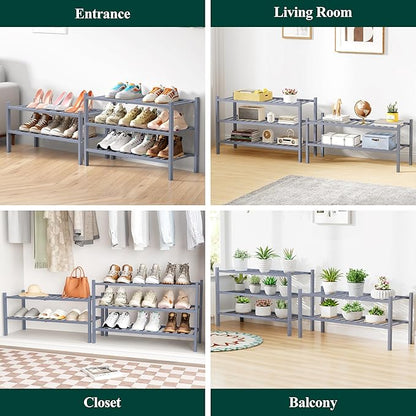 Smiry Bamboo Shoe Rack for Closet, 2 Tier Long Wooden Stackable Shoe Organizer, Free Standing Shoes Storage Shelf for Entrywa