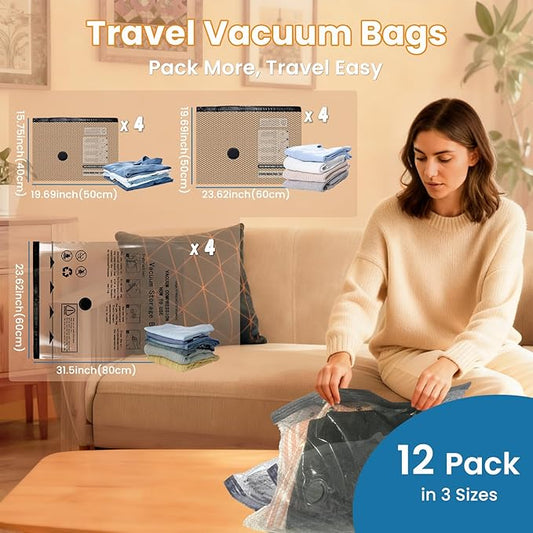 Vacuum Bags for Travel with Rechargeable Electric Pump, 12 PCS (4S,4M,4L) Storage Bags Vacuum Sealed, Space Saver Bags Carry-