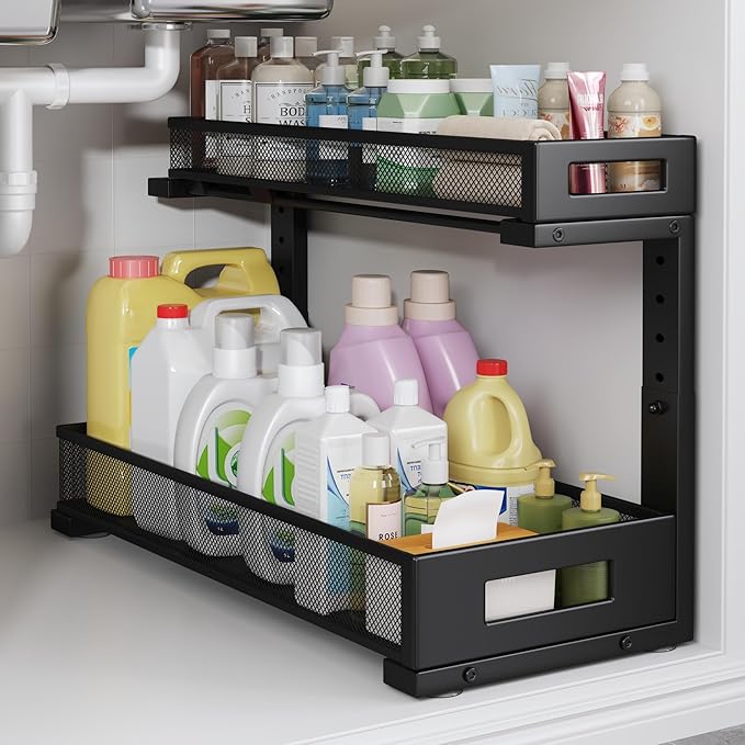 1 Pack 19IN Depth Under Sink Storage Organizer, Large 2-Tier Elegant Mesh Pull Out Shelf for Kitchen and Bathroom Cabinet Org