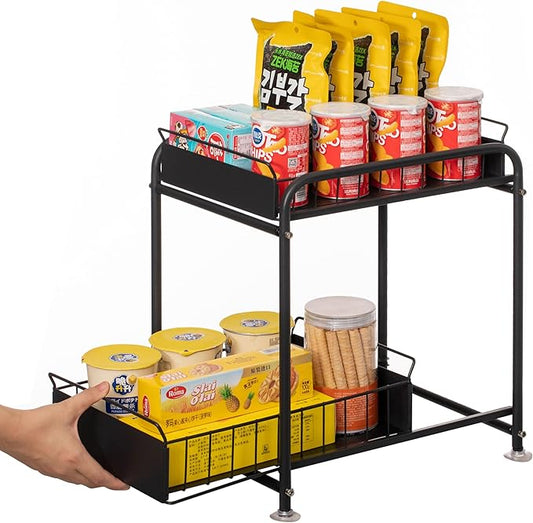 Basicwise Under Sink Organizer Sliding Wire Baskets Adjustable 2-Tier Metal Storage Rack for Bathroom Kitchen or Utility Cabi