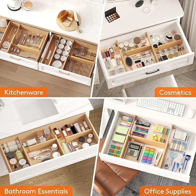 Lifewit 4" High 8 Pack Bamboo Drawer Dividers 31-40cm/12-16 Adjustable Wooden Drawer Organizer for Clothes/Utensils, Expandab
