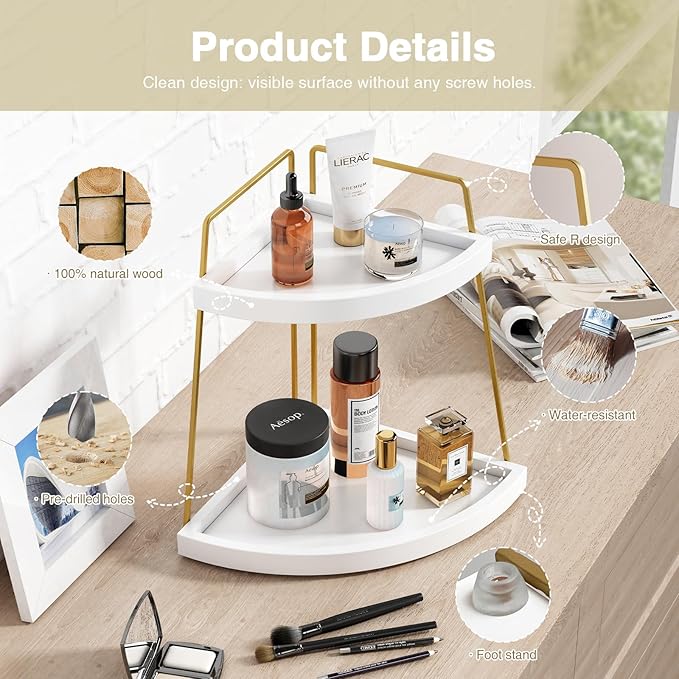 Forbena Corner Bathroom Counter Organizer, 2 Tier Bathroom Organizer Countertop, Small Bathroom Sink Top Trays Corner Shelf S