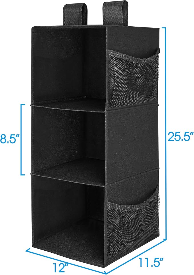 MAX Houser 3-Shelf Hanging Closet Organizers, Collapsible Closet Hanging Shelves for Camper, Nursery Hanging Organizers, Blac