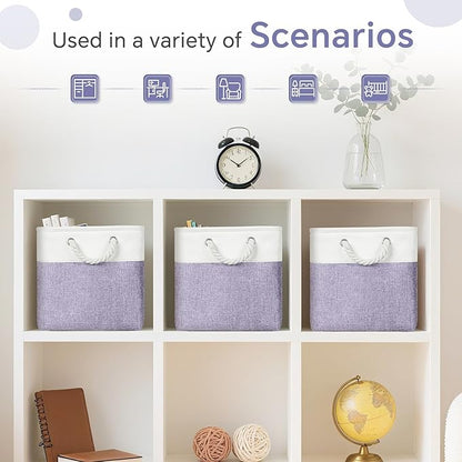 FinishingBo Large 11x11 Inch Cube Storage Bins with Cotton Handles for Closet, Shelves, Clothes, Towel (White/Purple-6 Pack)