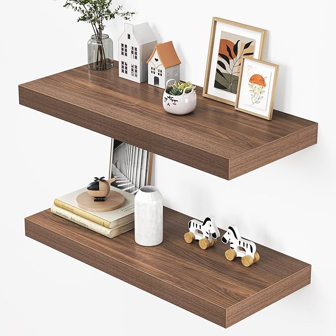 Dreamland 32" Floating Shelves for Wall, 12" Deep Thicker Walnut Floating Shelves, Wall-Mounted Shelves for Bedroom, Living R
