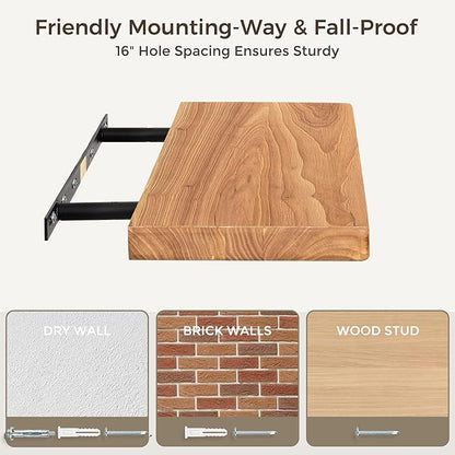 Fun Memories 36 Inch Floating Shelves for Wall, Solid Elm Wood Wall Shelf for Home Decor, Heavy-Duty Hardwood Floating Shelf 
