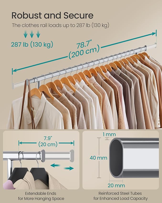 SONGMICS Cabideiro com Rodas, Suporte Resistente para Roupas, Arara Portátil com Barra Extensível, Capacidade de Carga 150 kg