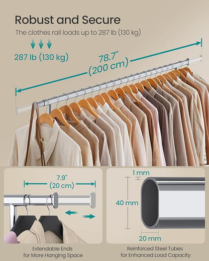 SONGMICS Cabideiro com Rodas, Suporte Resistente para Roupas, Arara Portátil com Barra Extensível, Capacidade de Carga 150 kg