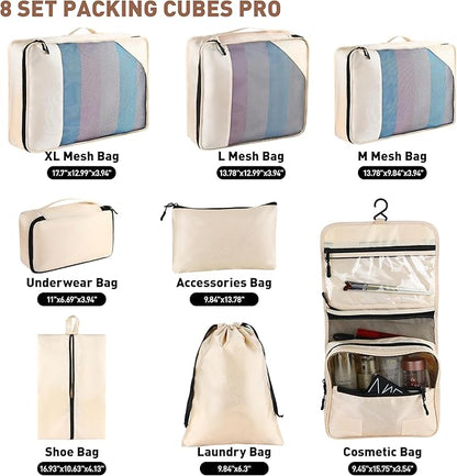 Toncoke 8-Piece Packing Cubes for Travel, Mesh Luggage Organizers with Shoe Bag, Toiletry Bag, Laundry Pouches, 4 Sizes (XL/L