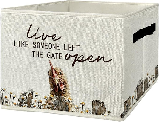 Rustic Chicken Storage Bins & Boxes with Handles, Farmhouse Chicken Foldable Basket for Organizing, Live Like Someone Left th