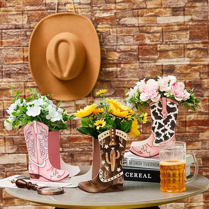 12 Set Western Boots Flower Boxes Centerpiece Boot Shape Gift Boxes Party Decoration Vase Centerpieces for Tables Boots Rodeo Birthday Baby Shower Supplies(Western Pink,Cowgirl Cow)