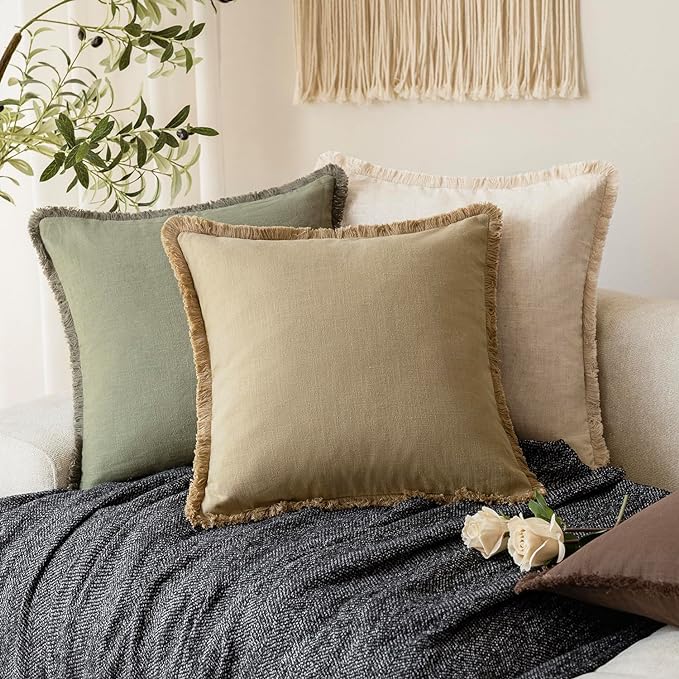 Foindtower Set of 2 Decorative Linen Fringe Throw Pillow Covers Farmhouse Cushion Cover with Tassels Soft Accent Pillowcase f