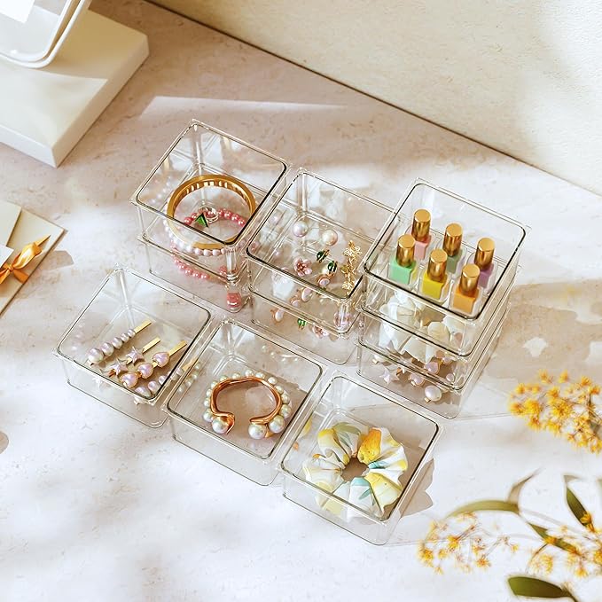 Hudgan 24 Pcs Small Drawer Organizer BinsSet, Stackable Drawer Divider Trays for Makeup Vanity, Bathroom, Office Desk, Straig