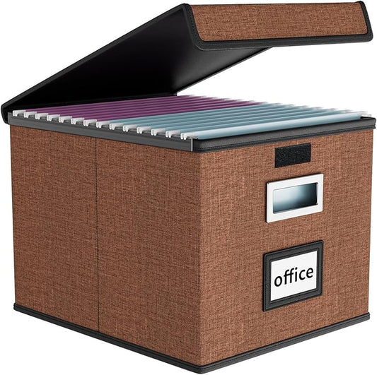 Huolewa Upgrade Portable File Organizer Box with Lid,Large Linen Hanging Office Document Storage Box with Lid,Collapsible Fil
