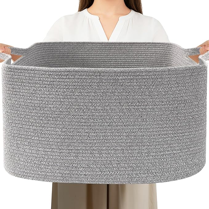 65L Large Blanket Basket,21"x16"x12" Rectangle Storage Bin with Handles,Woven Rope Laundry Basket for Toys, Clothes,Pillows,M
