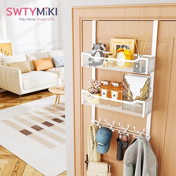 SWTYMIKI Over The Door Hook with 16 Hooks & 2 Mesh Baskets - Heavy Duty Over The Door Organizer Hanger for Towels, Coats, Clo