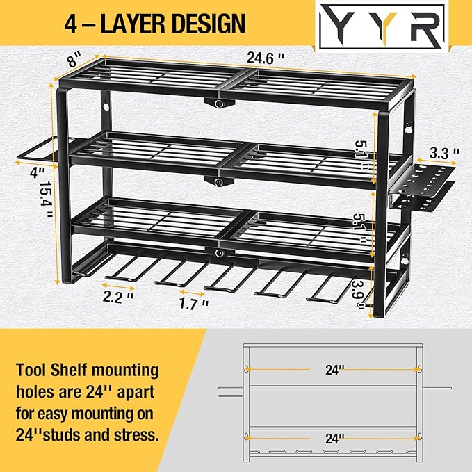YYR 4 Layer Power Tool Organizer Wall Mount, Cordless Drill Hanger Storage Rack, Battery Tools Holder with Charging Station S