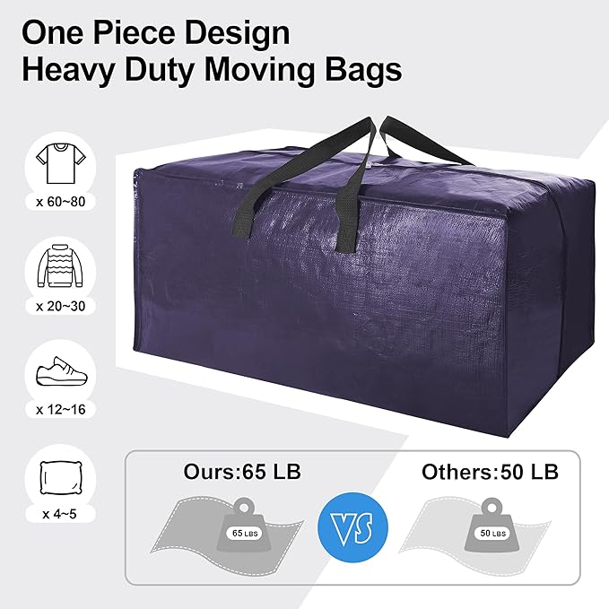 VELVETSURE 6 Pack Heavy Duty Large Moving Bags W/Backpack Straps - Strong Handles & Zippers, Storage Totes, Fold Flat, Altern