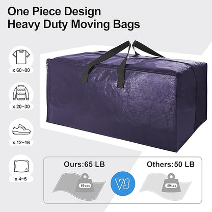 VELVETSURE 6 Pack Heavy Duty Large Moving Bags W/Backpack Straps - Strong Handles & Zippers, Storage Totes, Fold Flat, Altern