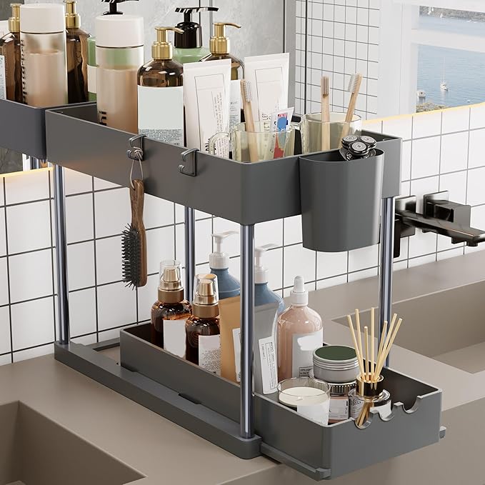 2 Pack Under Sink Organizers and Storage, 2-Tier Sliding Cabinet Organizer Drawer for Bathroom and Kitchen – Multi-Purpose Ca