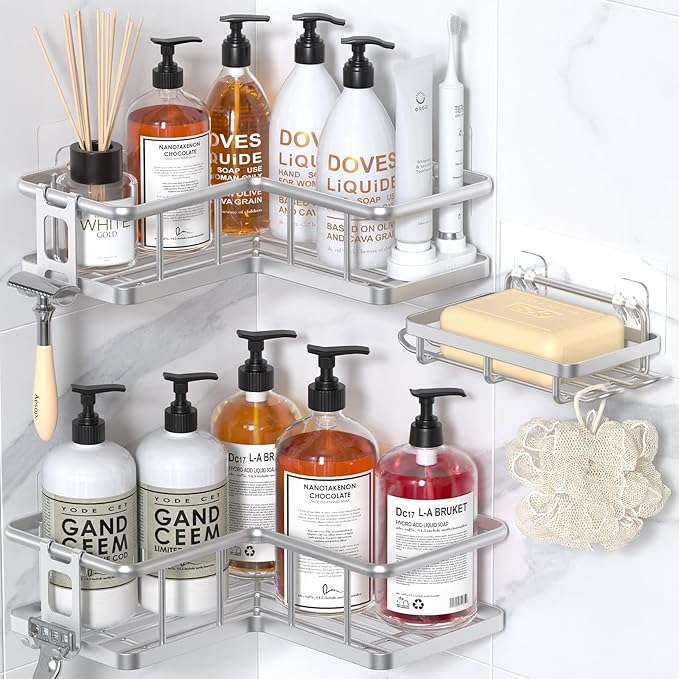 YASONIC Corner Shower Caddy Organizer, Self-Adhesive Rustproof Bath Shelves with Soap Holder & 4 Hooks, Large Capacity Shower