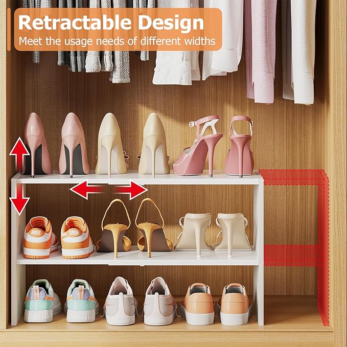 X-cosrack 2 Pack 2-Tier Shoe Rack Organizer for Closet, Expandable and Adjustable White Shoe Rack, Stackable Iron Wood Combin