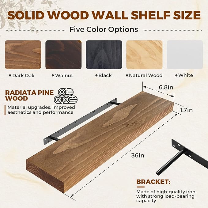 Floating Wall Shelf 36x6.8x1.7 Inch – Solid Wood Shelf in Dark Oak Finish – Heavy Duty Wall Mounted Rustic Display Shelf for 
