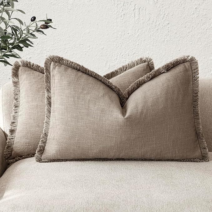 Foindtower Set of 2 Decorative Linen Fringe Lumbar Throw Pillow Covers Boho Farmhouse Cushion Cover with Tassels Soft Accent 