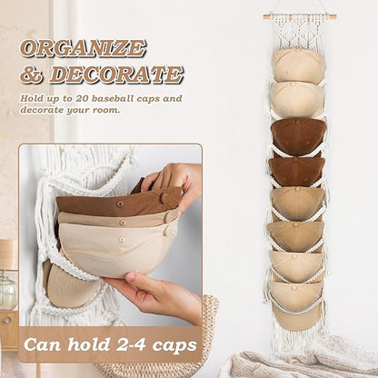 Macrame Hat Hangers for Wall Handmade Boho Baseball Cap Hanger Hand Knitting Cap Organizer Hat Holder for Wall Over Door Ball