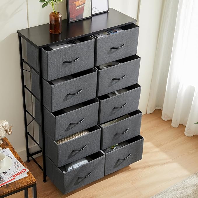DUMOS Dresser for Bedroom, 10 Storage Drawers, Wide Fabric Closet Chests Organizer Tower Furniture with Wooden Top Metal Fram