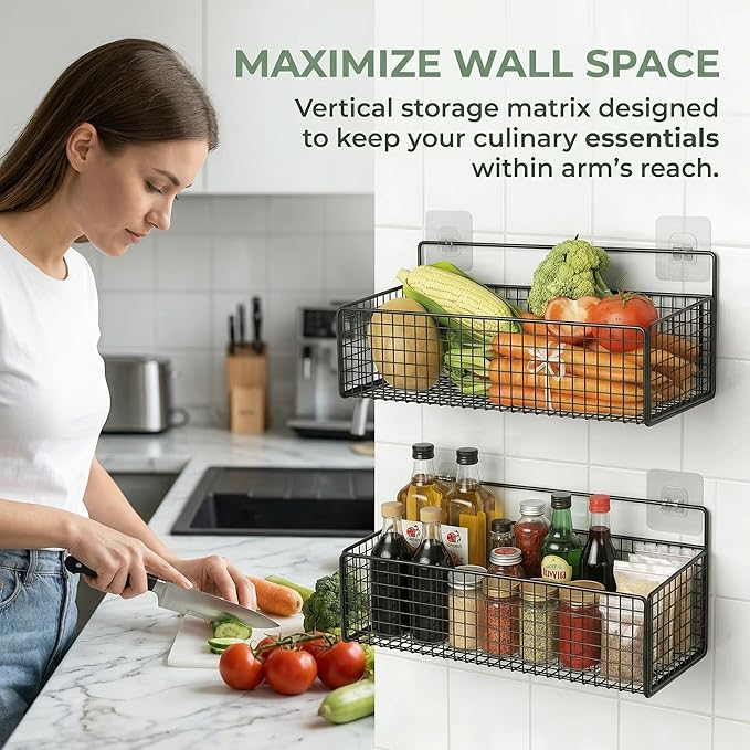 2 Set Hanging Wire Fruit Basket with Adhesive Hooks, Hanging fruit baskets, No Drilling Adhesive Basket, for Home Kitchen Pan