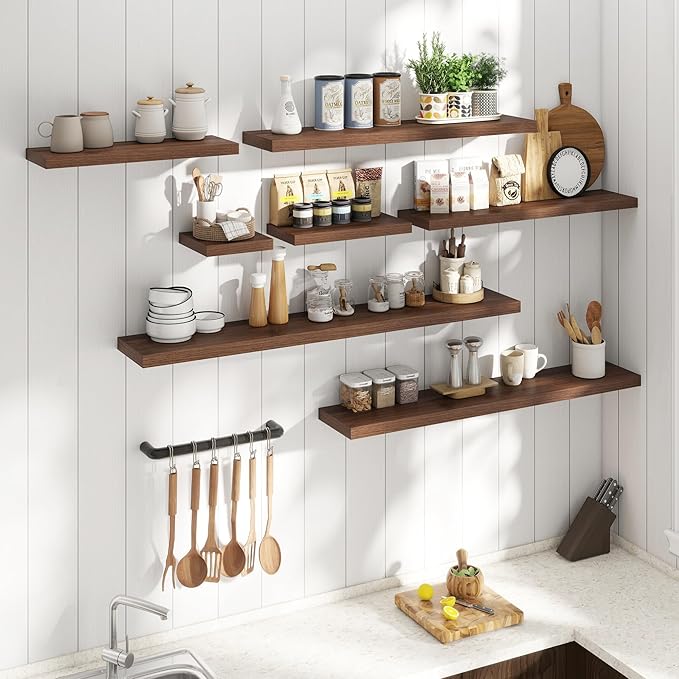 32 Inch Floating Shelves for Wall Set of 2, 8"D Wood Grain Bathroom Shelves with Invisible Brackets, Easy Install Engineered 