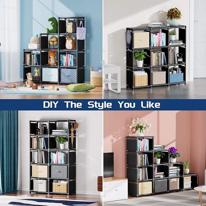 Mavivegue Bookcases: Black Cube Book Shelf, 10 Cube Tall Storage Organizer for Bedroom, Living Room & Office